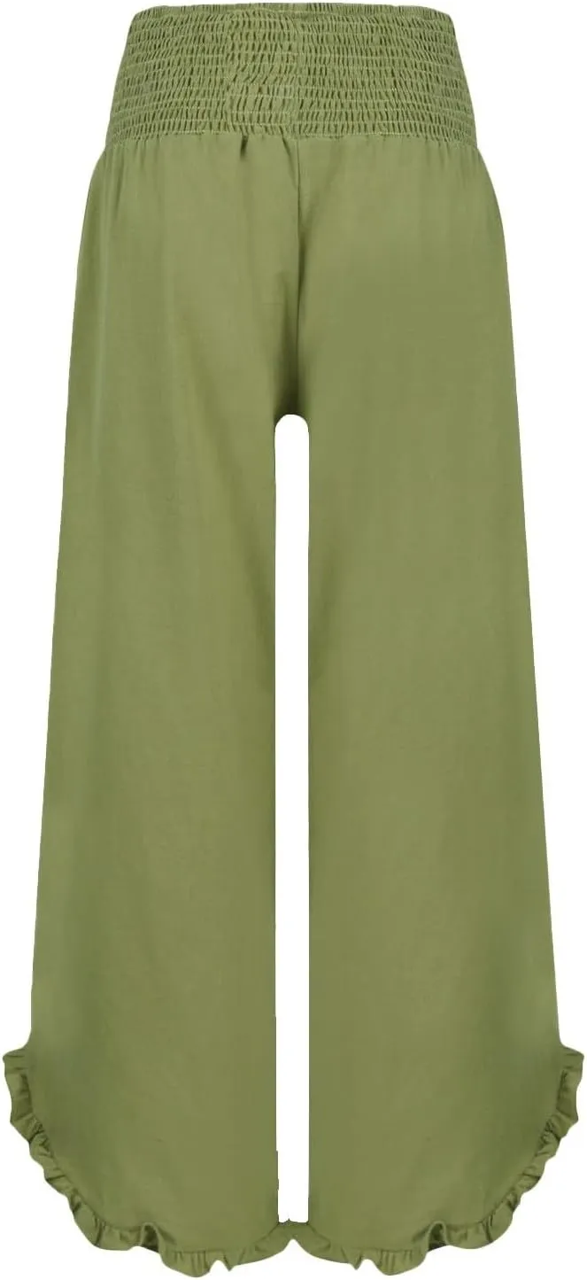 Women High Waisted Palazzo Linen Pants Trendy Pleated Irregular Cotton Linen Trouser Oversize Work Dressy Casaul Pant