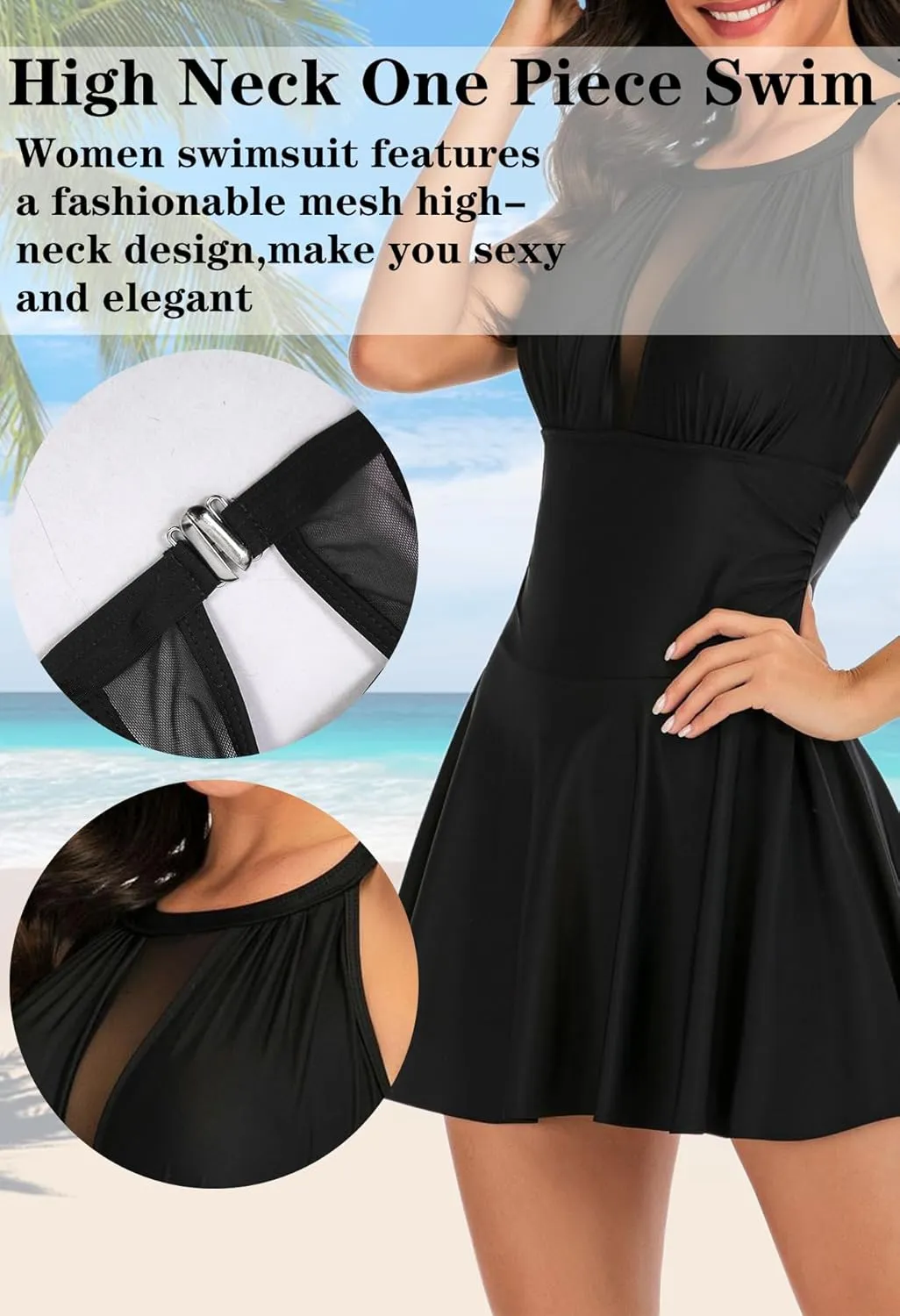 Women One Piece Swim Dress Tummy Control Swimdress Swimsuit Bathing Suit High Neck Mesh Swimwear