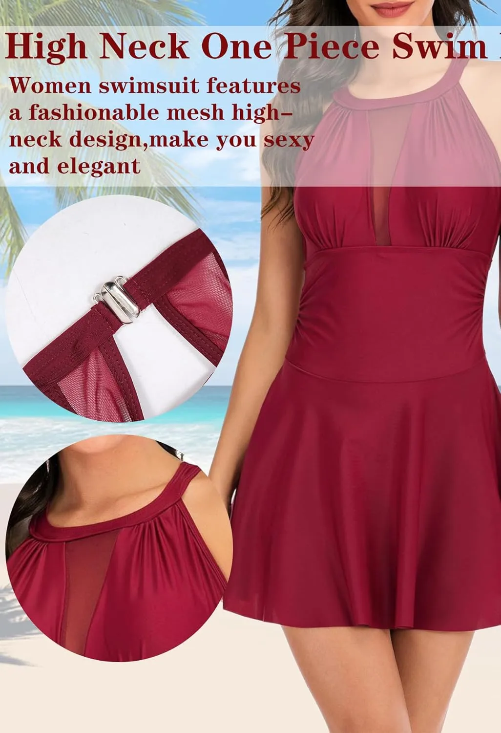 Women One Piece Swim Dress Tummy Control Swimdress Swimsuit Bathing Suit High Neck Mesh Swimwear