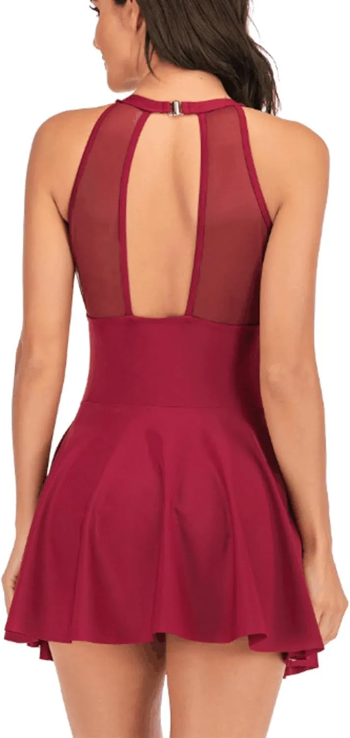 Women One Piece Swim Dress Tummy Control Swimdress Swimsuit Bathing Suit High Neck Mesh Swimwear