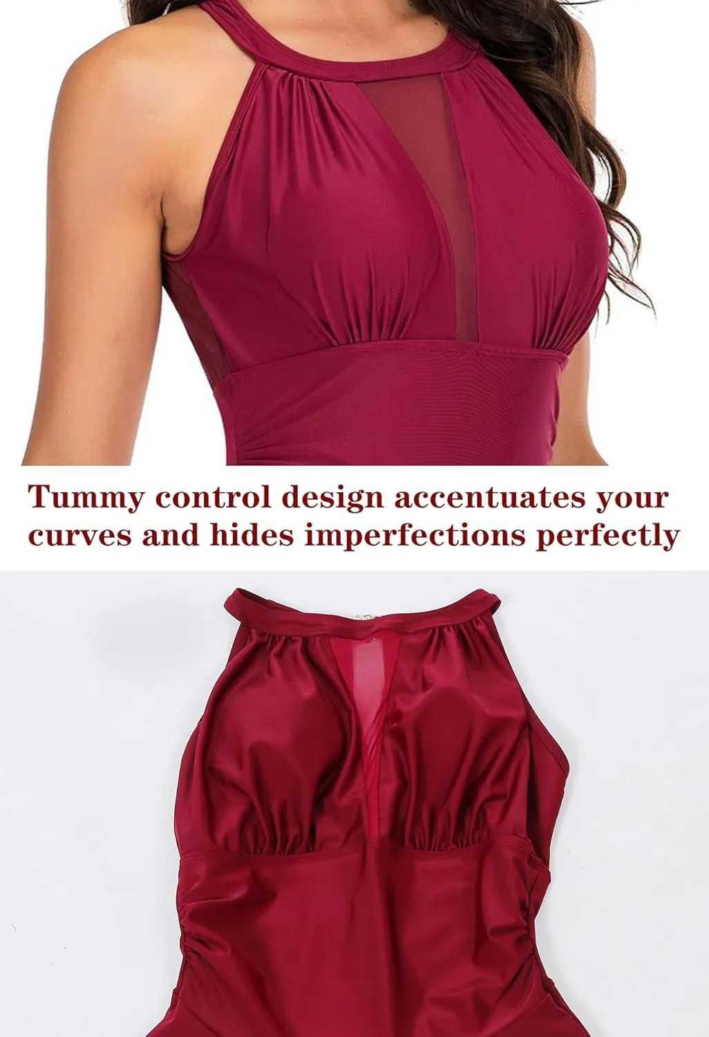 Women One Piece Swim Dress Tummy Control Swimdress Swimsuit Bathing Suit High Neck Mesh Swimwear