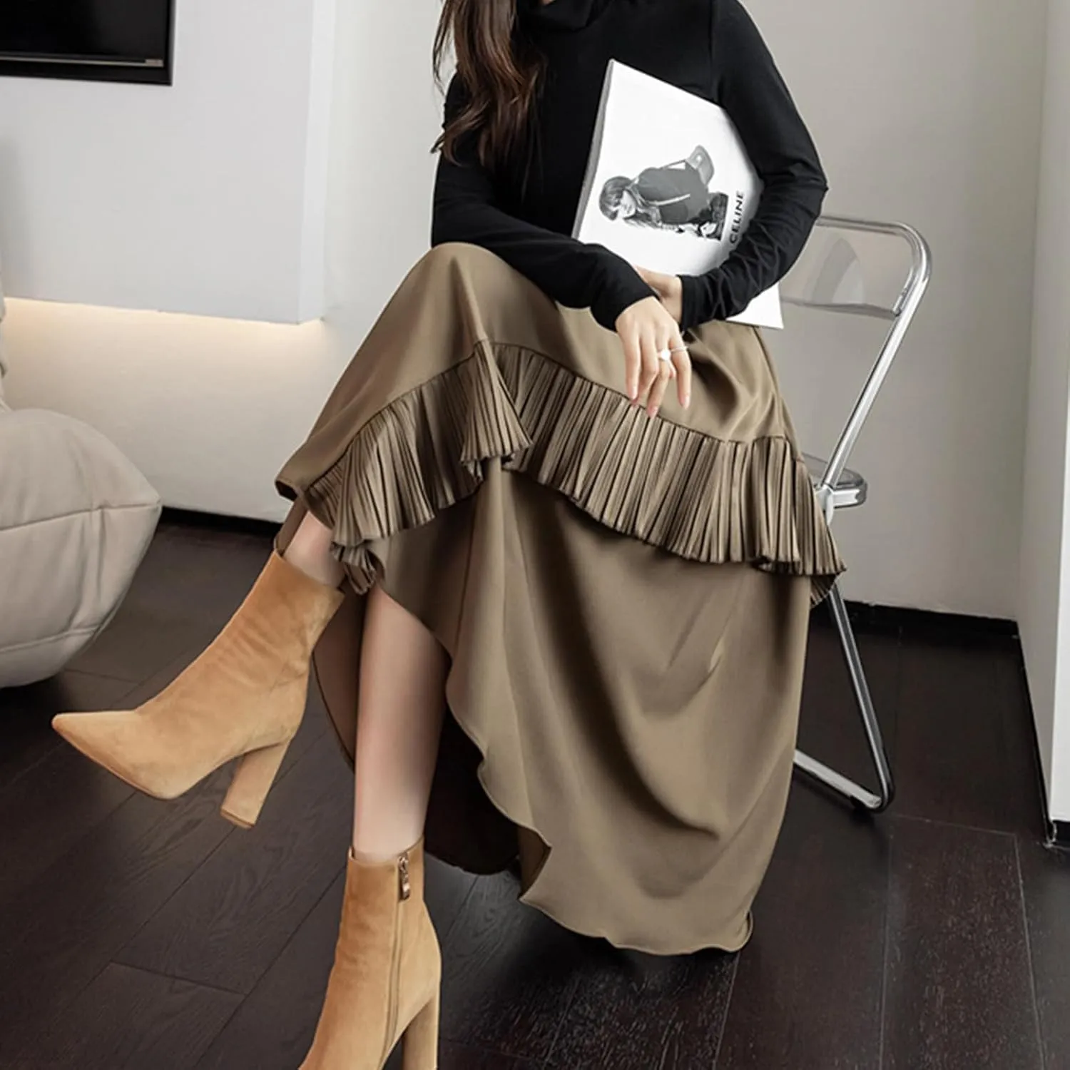 Women Pleated High Elastic Waist Skirt Ruffled A-Line Swing Skirt Midi Skirt Vintage Long Skirts