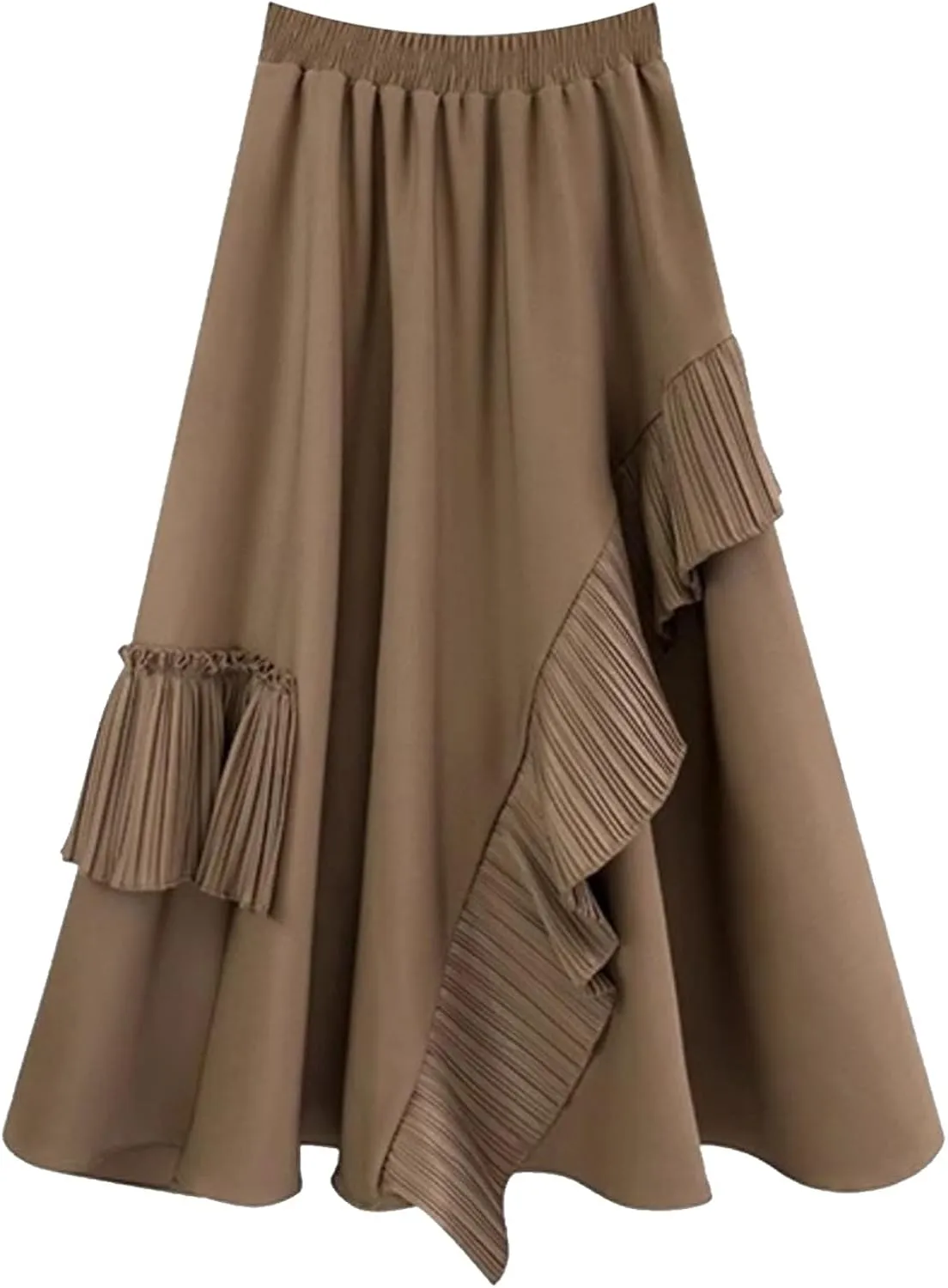 Women Pleated High Elastic Waist Skirt Ruffled A-Line Swing Skirt Midi Skirt Vintage Long Skirts