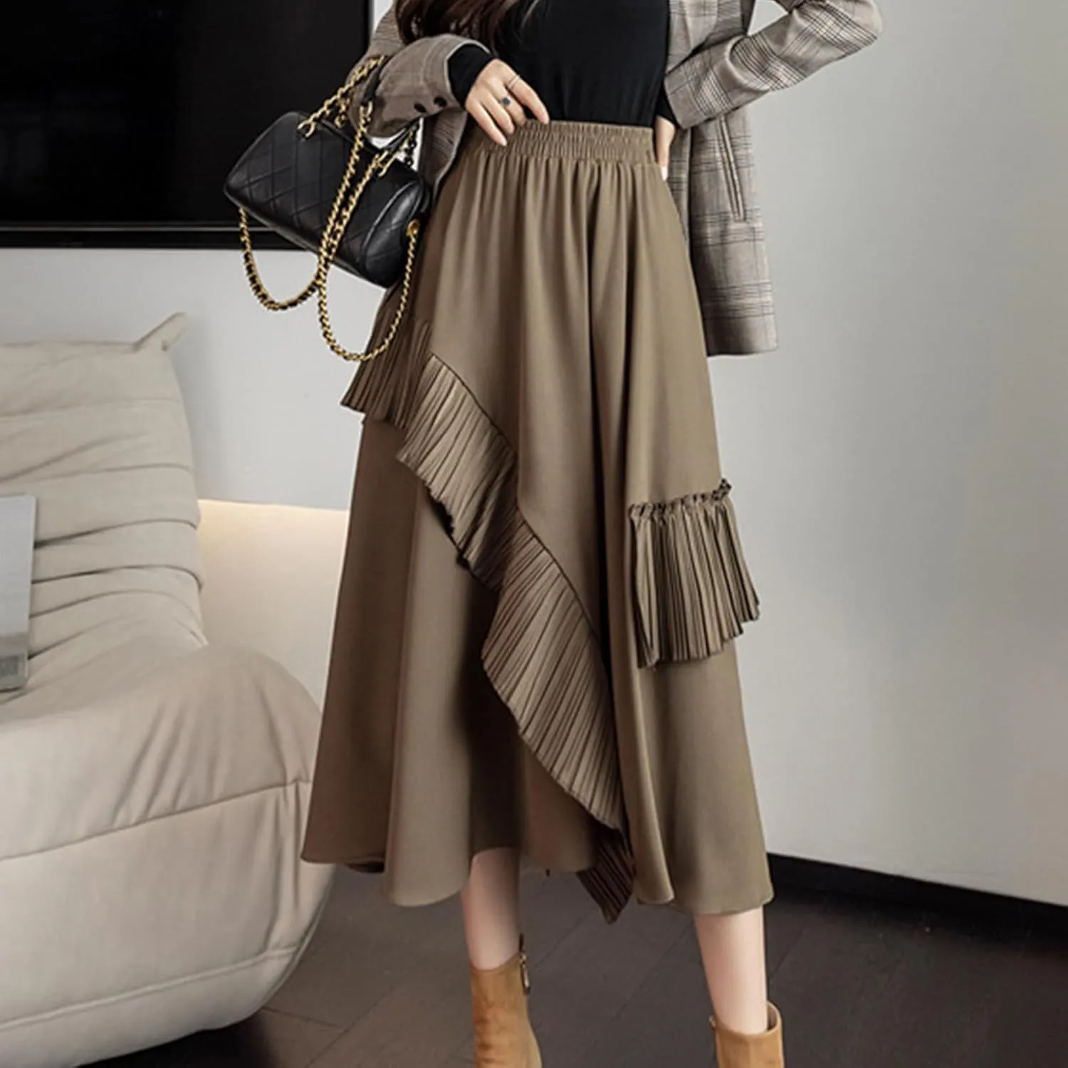 Women Pleated High Elastic Waist Skirt Ruffled A-Line Swing Skirt Midi Skirt Vintage Long Skirts