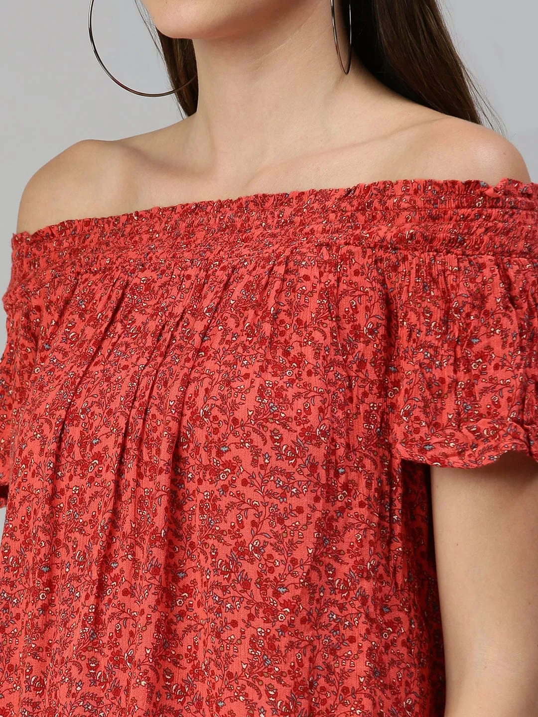 Women Red Floral Printed Off-Shoulder Top