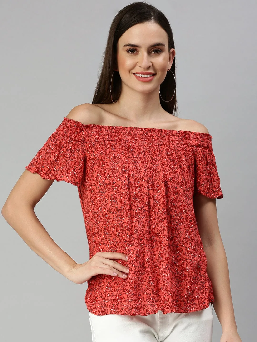 Women Red Floral Printed Off-Shoulder Top