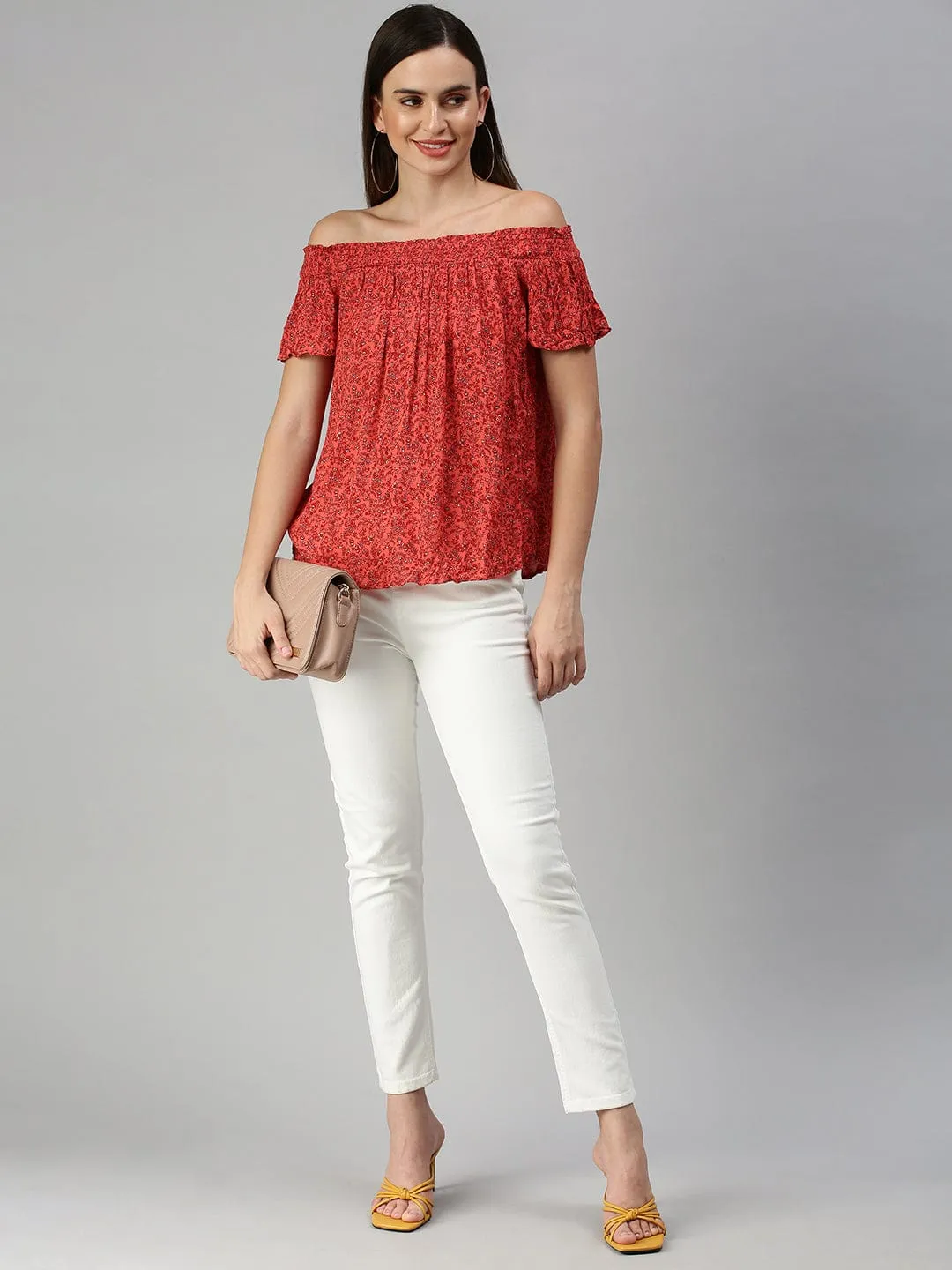 Women Red Floral Printed Off-Shoulder Top