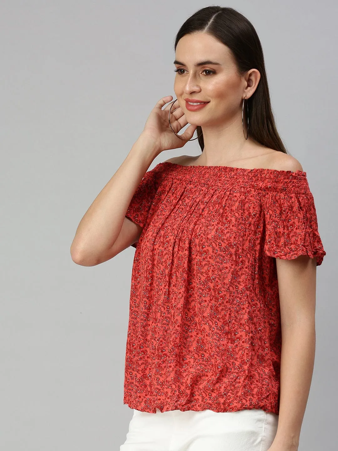 Women Red Floral Printed Off-Shoulder Top