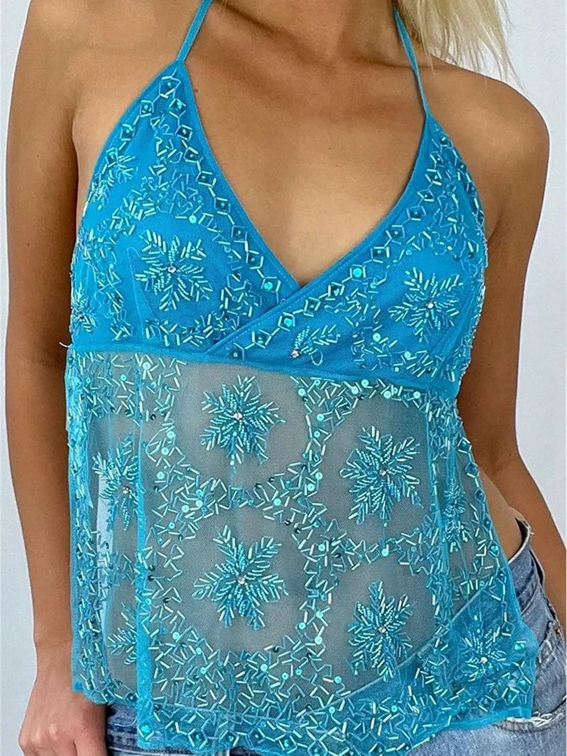 Women Y2k Sequin Cami Top Sexy V Neck Spaghetti Strap Sparkle Backless Bead Crop Tops Summer Coquette Party Clubwear