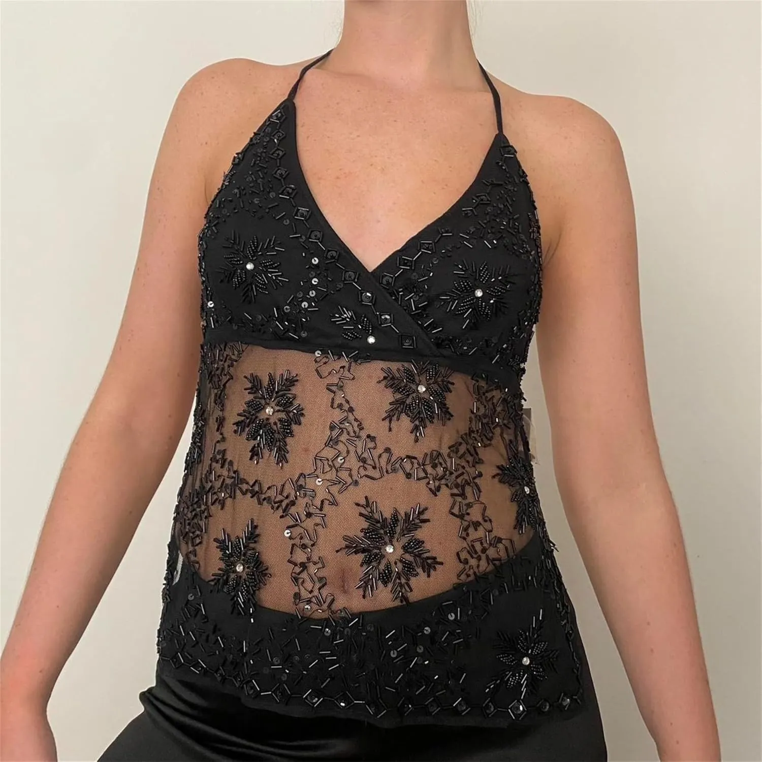 Women Y2k Sequin Cami Top Sexy V Neck Spaghetti Strap Sparkle Backless Bead Crop Tops Summer Coquette Party Clubwear