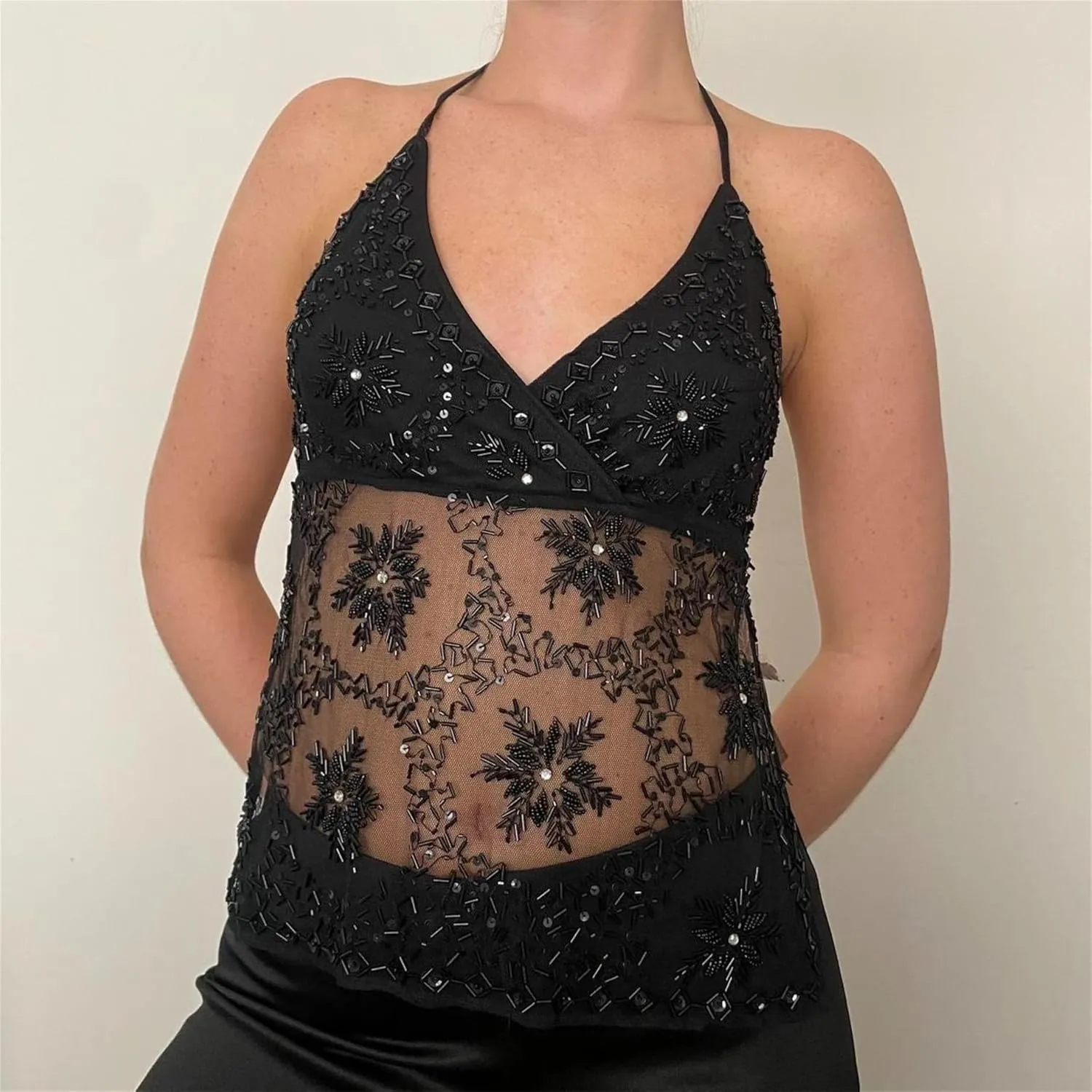 Women Y2k Sequin Cami Top Sexy V Neck Spaghetti Strap Sparkle Backless Bead Crop Tops Summer Coquette Party Clubwear