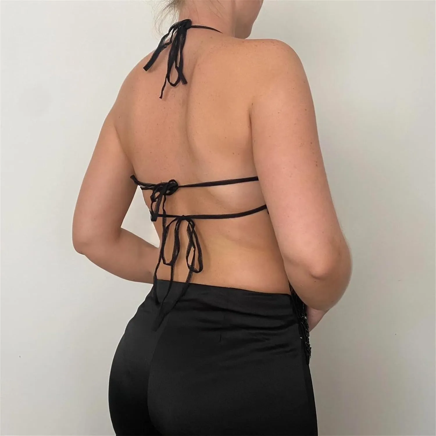 Women Y2k Sequin Cami Top Sexy V Neck Spaghetti Strap Sparkle Backless Bead Crop Tops Summer Coquette Party Clubwear
