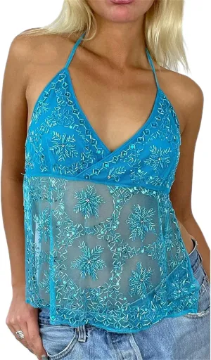 Women Y2k Sequin Cami Top Sexy V Neck Spaghetti Strap Sparkle Backless Bead Crop Tops Summer Coquette Party Clubwear