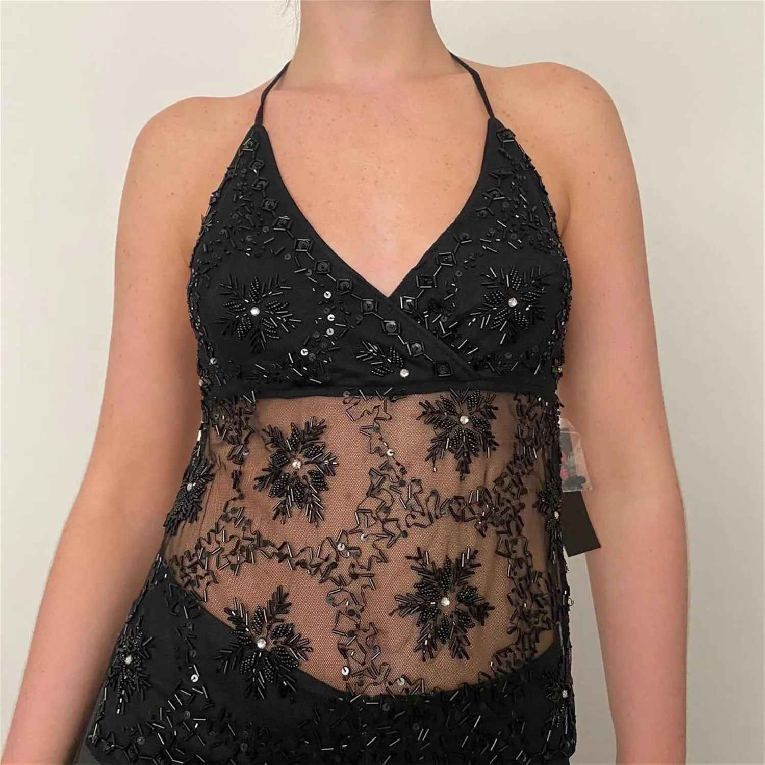 Women Y2k Sequin Cami Top Sexy V Neck Spaghetti Strap Sparkle Backless Bead Crop Tops Summer Coquette Party Clubwear