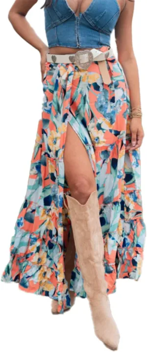 Women's Boho Floral Printed Maxi Skirts Casual High Waisted Side Slit Skirt Ruffle Sexy Bodycon Long Flowy Midi Dress