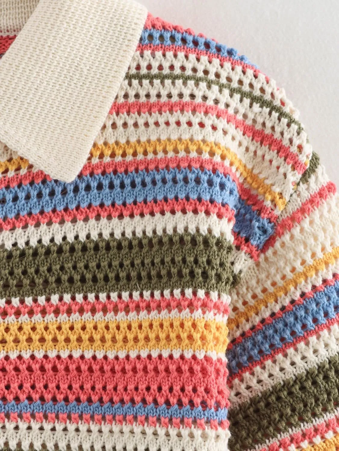 Womens Cropped Short Sleeve Polo Sweater Striped Button Up Collar Knit Tops Crochet T Shirt