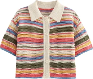 Womens Cropped Short Sleeve Polo Sweater Striped Button Up Collar Knit Tops Crochet T Shirt
