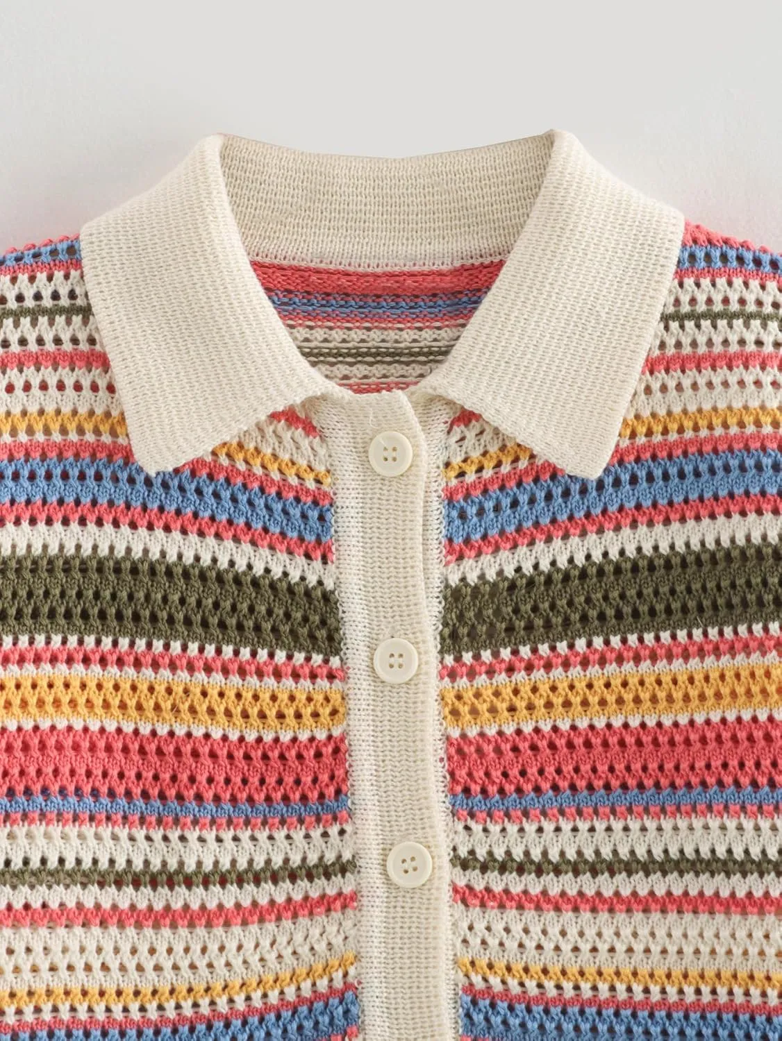 Womens Cropped Short Sleeve Polo Sweater Striped Button Up Collar Knit Tops Crochet T Shirt