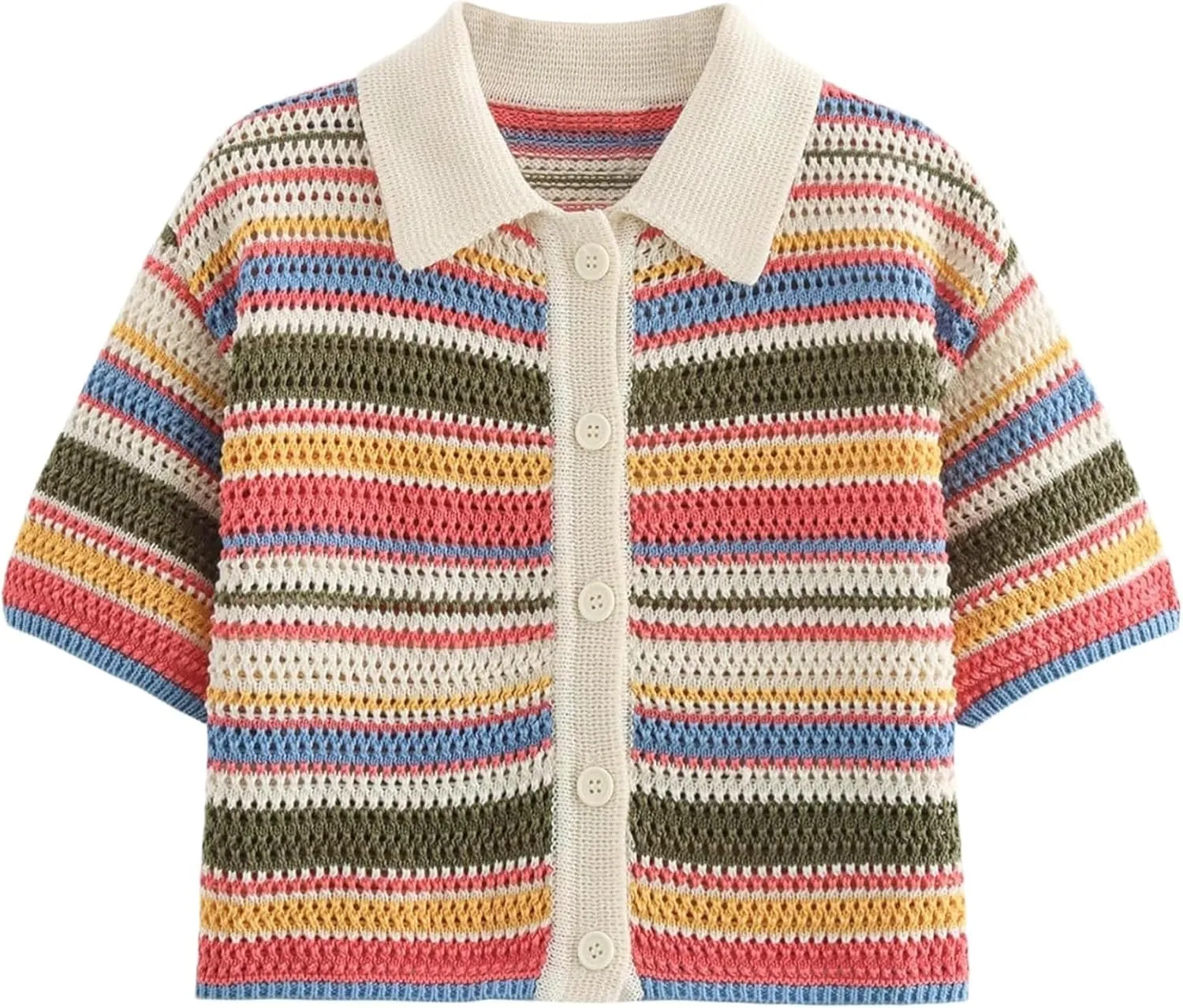 Womens Cropped Short Sleeve Polo Sweater Striped Button Up Collar Knit Tops Crochet T Shirt