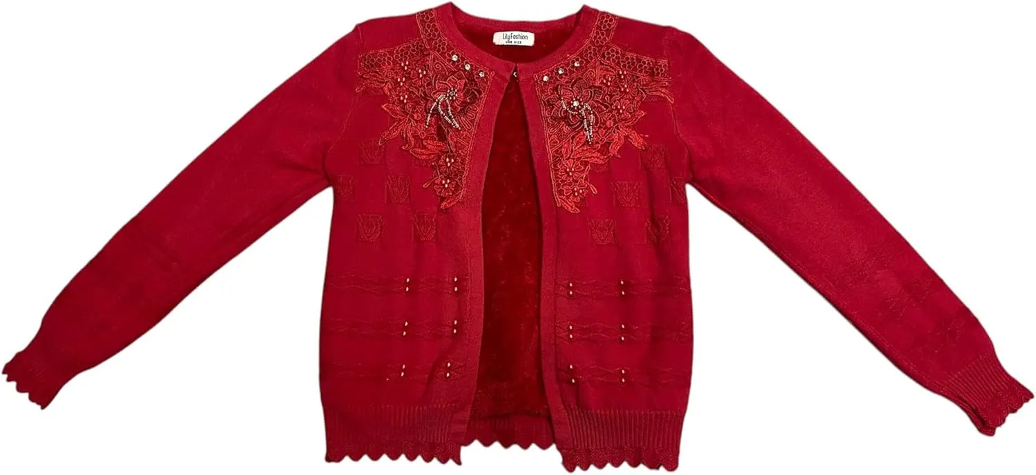 Women's Embellished Cardigan Sweater, Red, Floral Lace Applique with Beading, Scalloped Hem