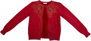 Women's Embellished Cardigan Sweater, Red, Floral Lace Applique with Beading, Scalloped Hem