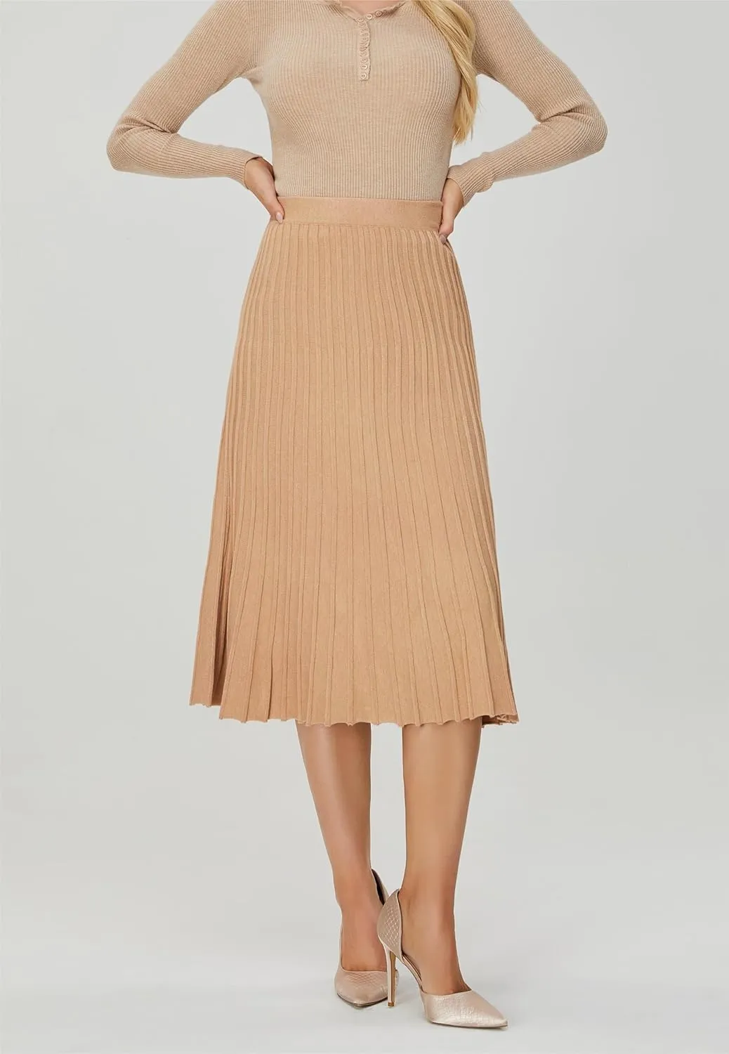 Women's Knit Maxi Pleated Skirts, High Waist Elastic A Line Long Skirt for Fall Winter