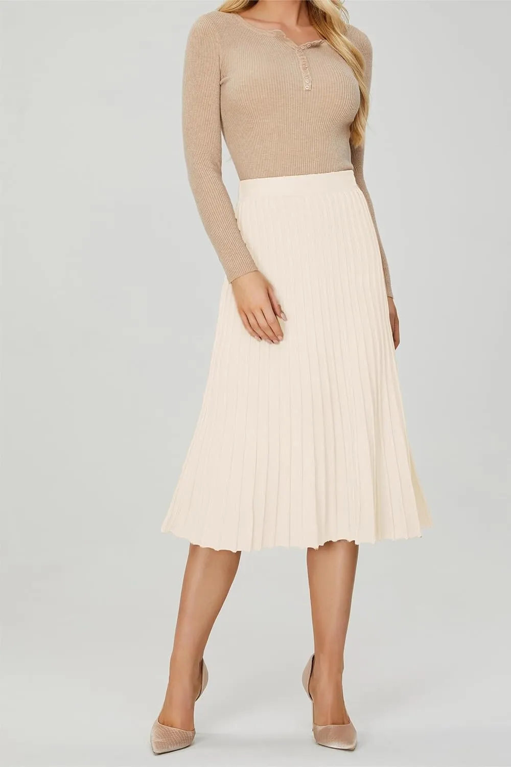 Women's Knit Maxi Pleated Skirts, High Waist Elastic A Line Long Skirt for Fall Winter