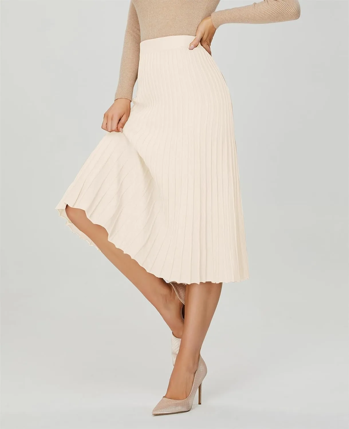 Women's Knit Maxi Pleated Skirts, High Waist Elastic A Line Long Skirt for Fall Winter
