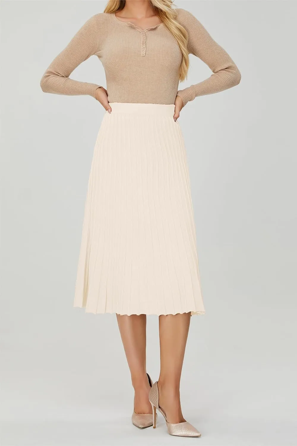 Women's Knit Maxi Pleated Skirts, High Waist Elastic A Line Long Skirt for Fall Winter