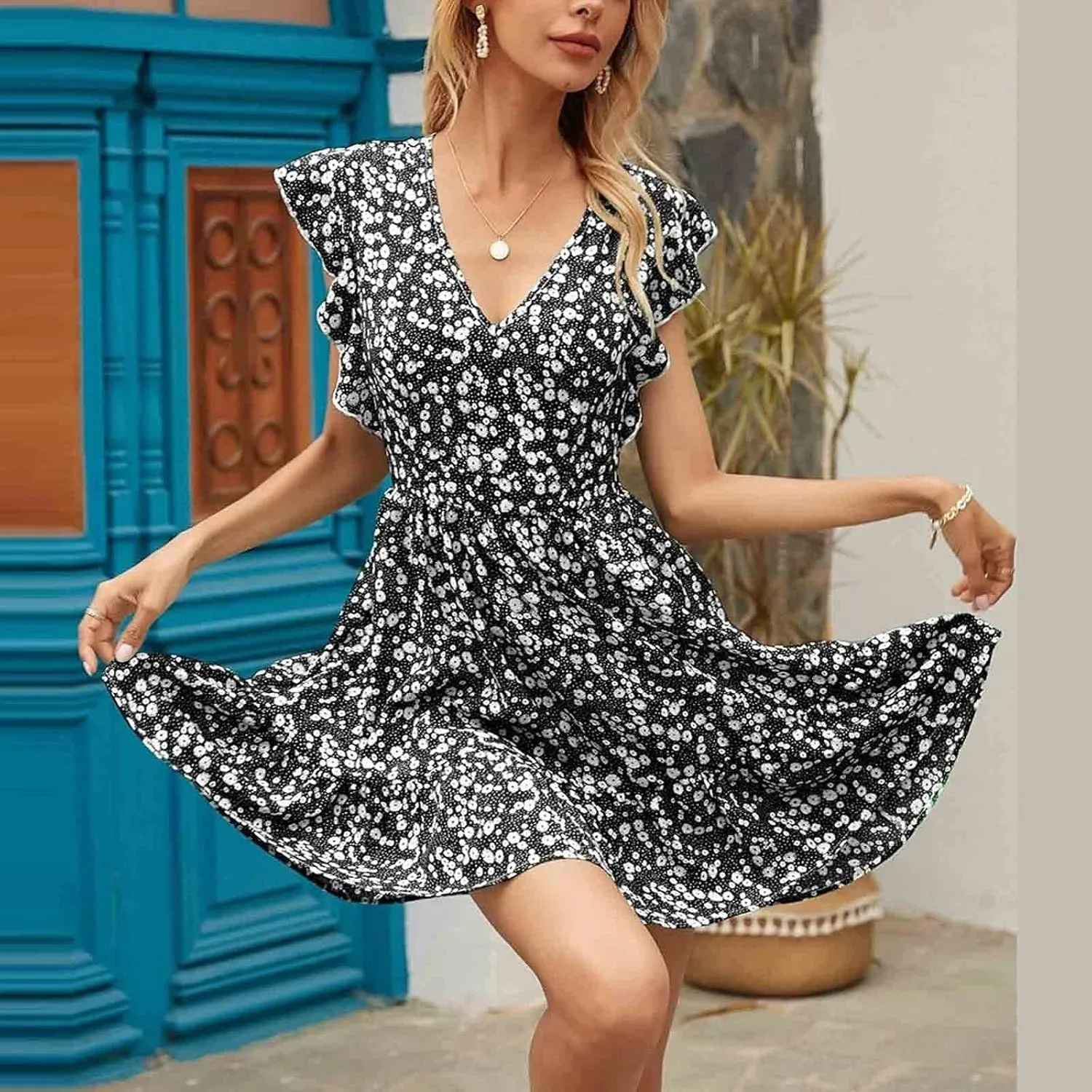 Womens Mini V Neck Floral Dresses 2024 Stylish Summer Beach Travel Dress Sleeveless Ruffle High Waist Elegant A-Line Sundress