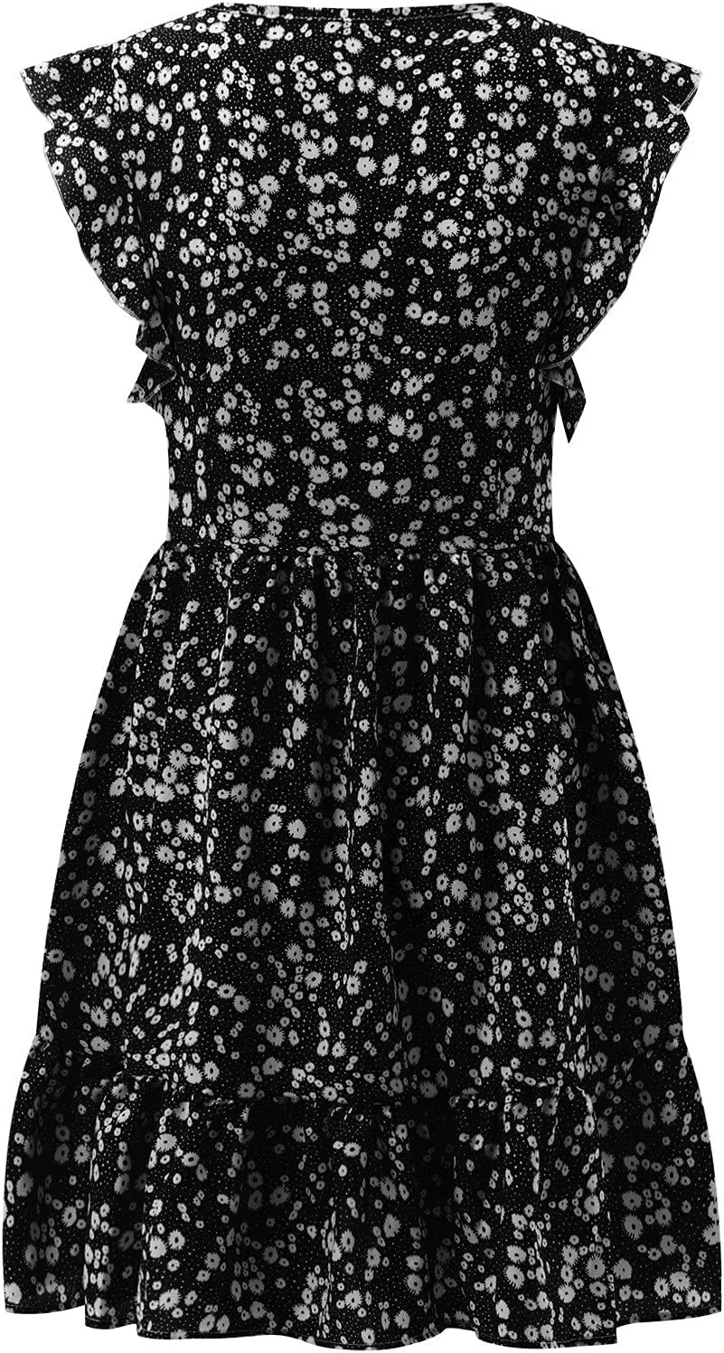 Womens Mini V Neck Floral Dresses 2024 Stylish Summer Beach Travel Dress Sleeveless Ruffle High Waist Elegant A-Line Sundress