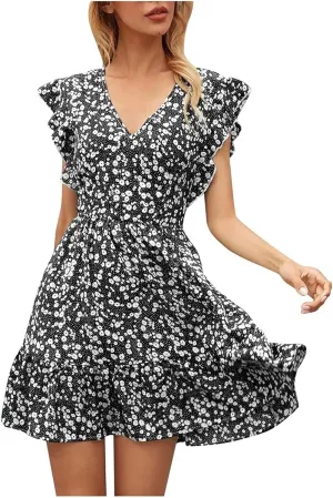 Womens Mini V Neck Floral Dresses 2024 Stylish Summer Beach Travel Dress Sleeveless Ruffle High Waist Elegant A-Line Sundress