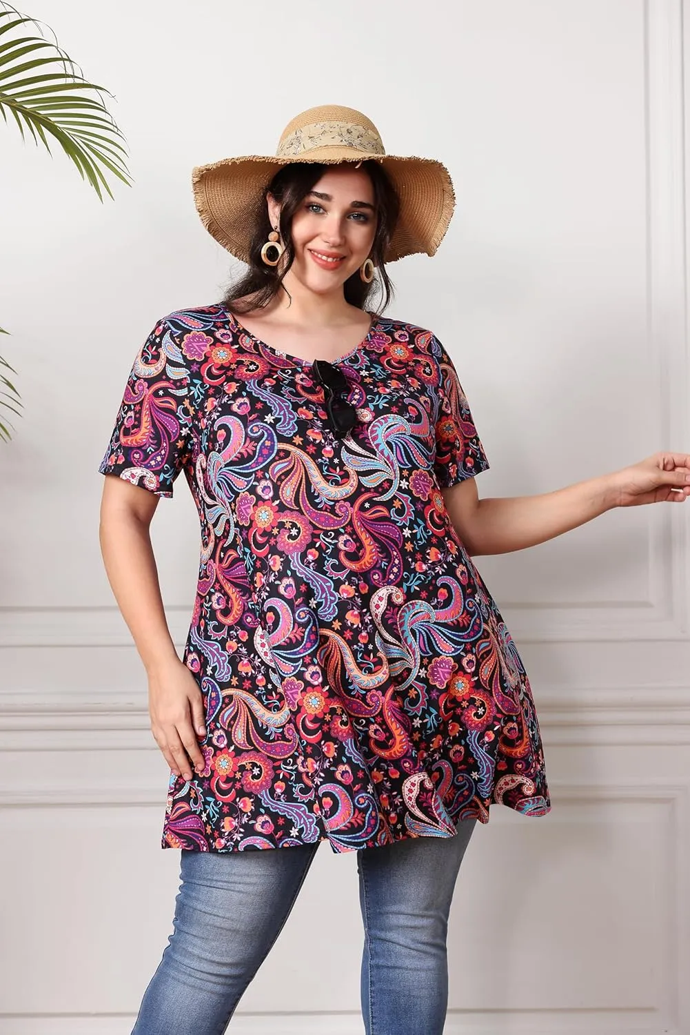 Women's Plus Size Tunic Top Short Sleeve Casual Summer Blouse Flowy Swing Flare Tops Loose Fit Shirt XL-6XL