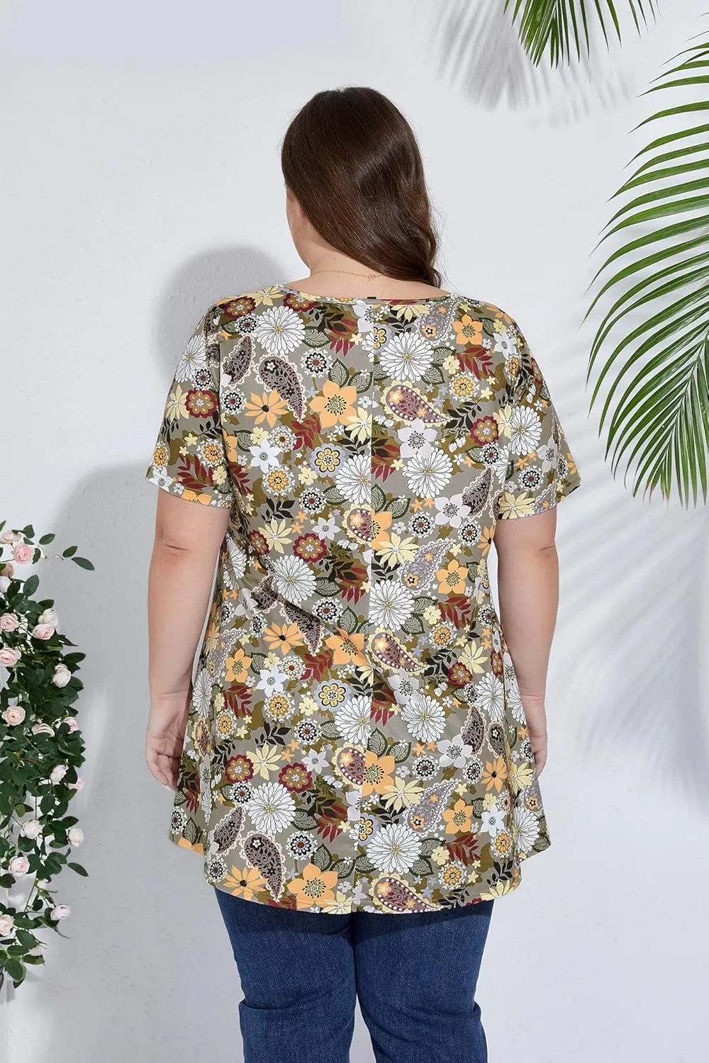 Women's Plus Size Tunic Top Short Sleeve Casual Summer Blouse Flowy Swing Flare Tops Loose Fit Shirt XL-6XL