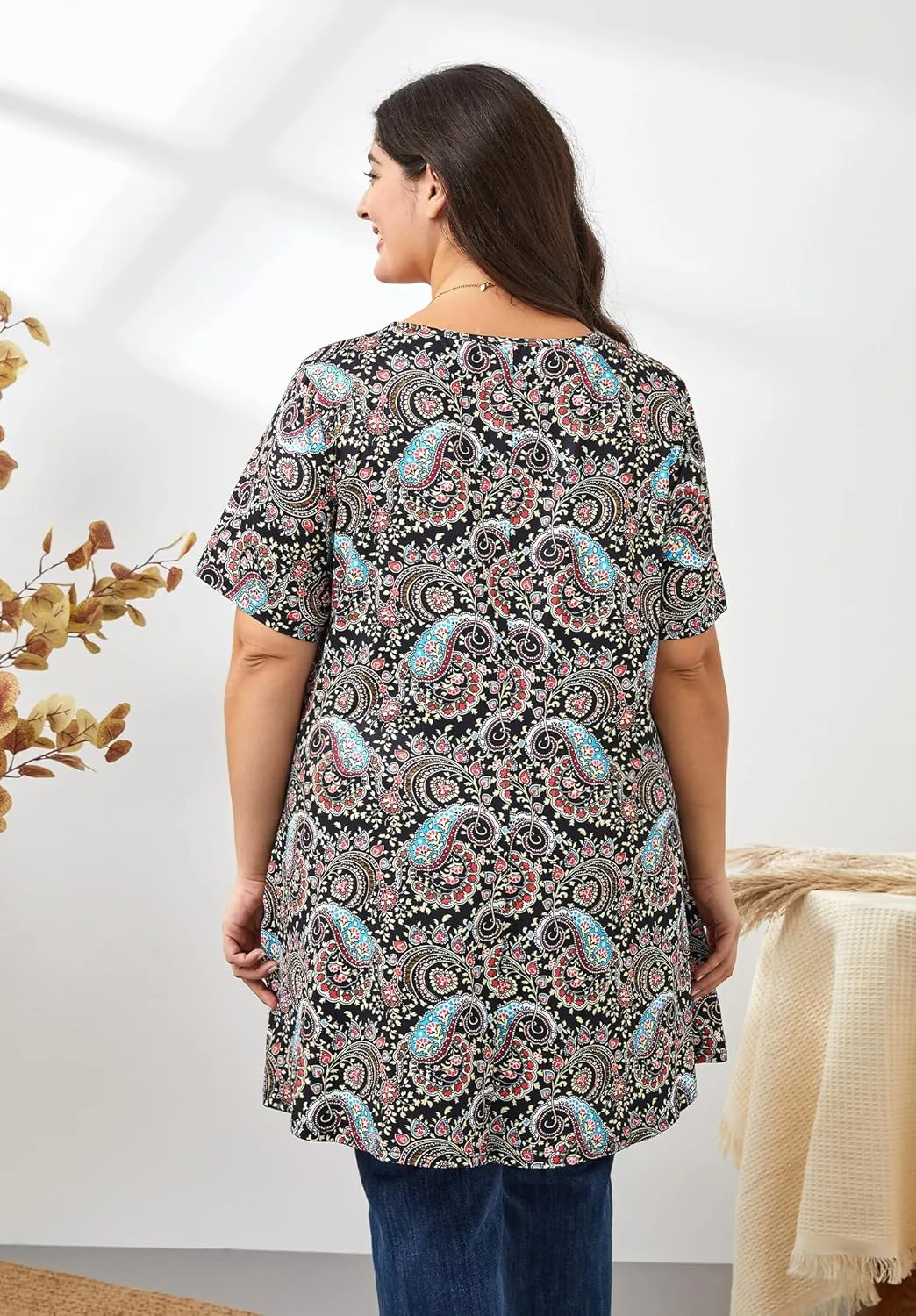 Women's Plus Size Tunic Top Short Sleeve Casual Summer Blouse Flowy Swing Flare Tops Loose Fit Shirt XL-6XL