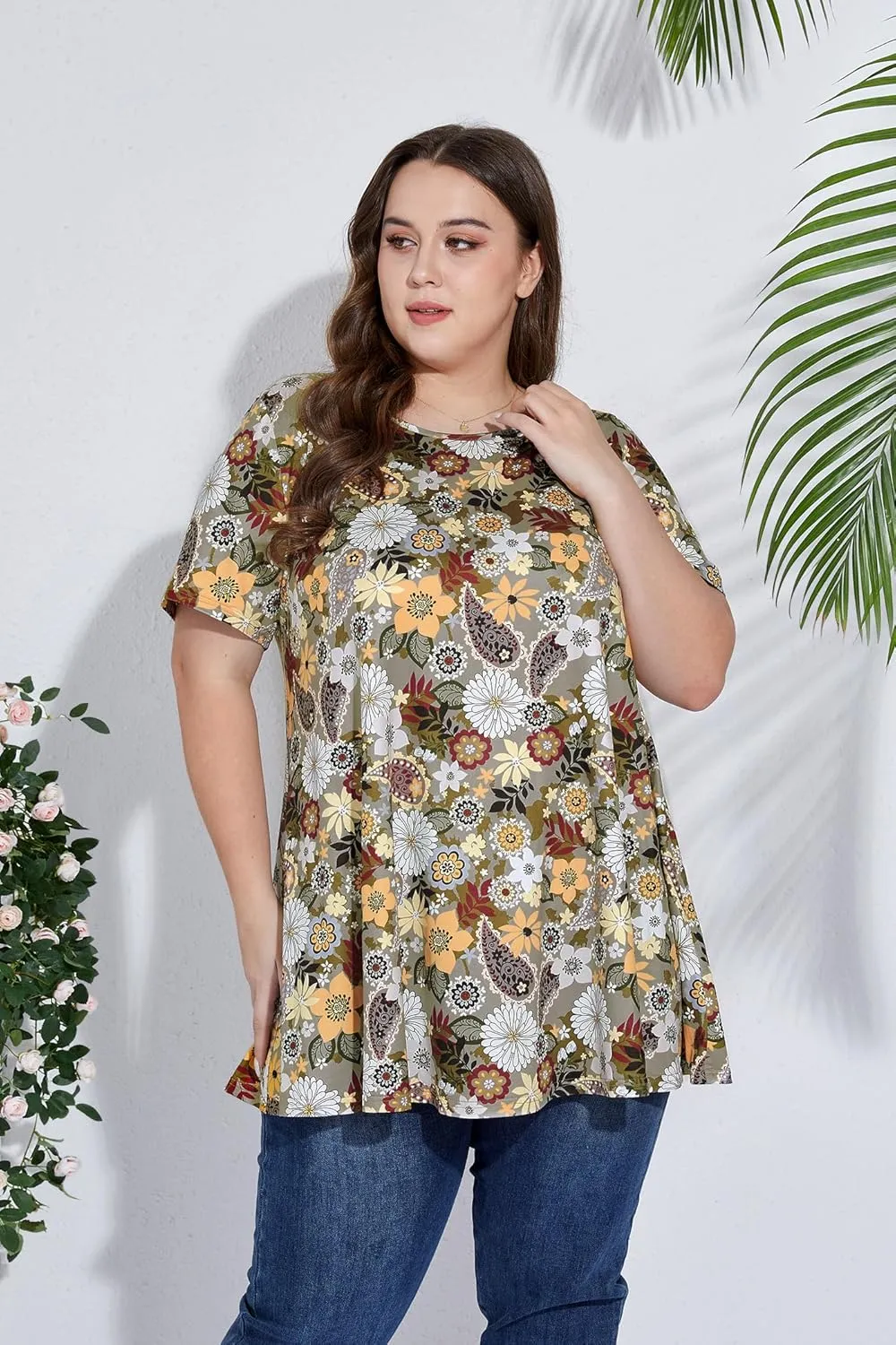 Women's Plus Size Tunic Top Short Sleeve Casual Summer Blouse Flowy Swing Flare Tops Loose Fit Shirt XL-6XL