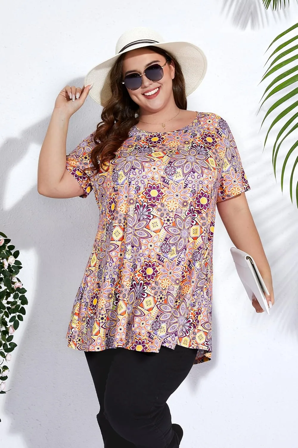 Women's Plus Size Tunic Top Short Sleeve Casual Summer Blouse Flowy Swing Flare Tops Loose Fit Shirt XL-6XL