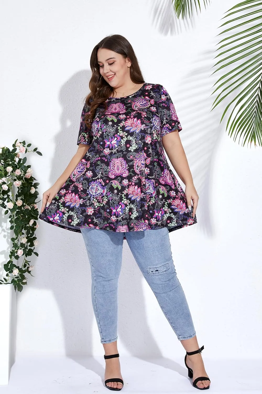 Women's Plus Size Tunic Top Short Sleeve Casual Summer Blouse Flowy Swing Flare Tops Loose Fit Shirt XL-6XL