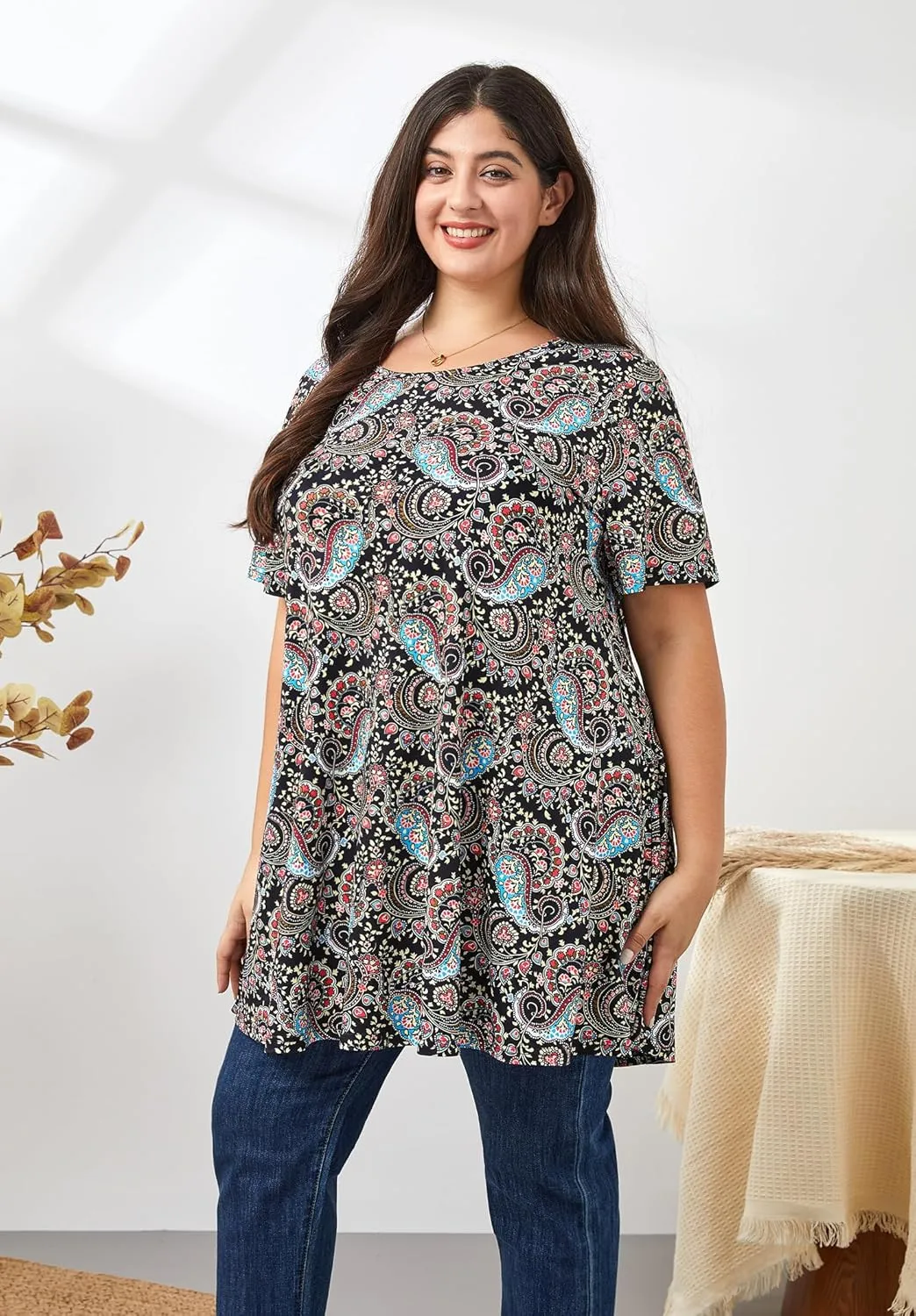 Women's Plus Size Tunic Top Short Sleeve Casual Summer Blouse Flowy Swing Flare Tops Loose Fit Shirt XL-6XL