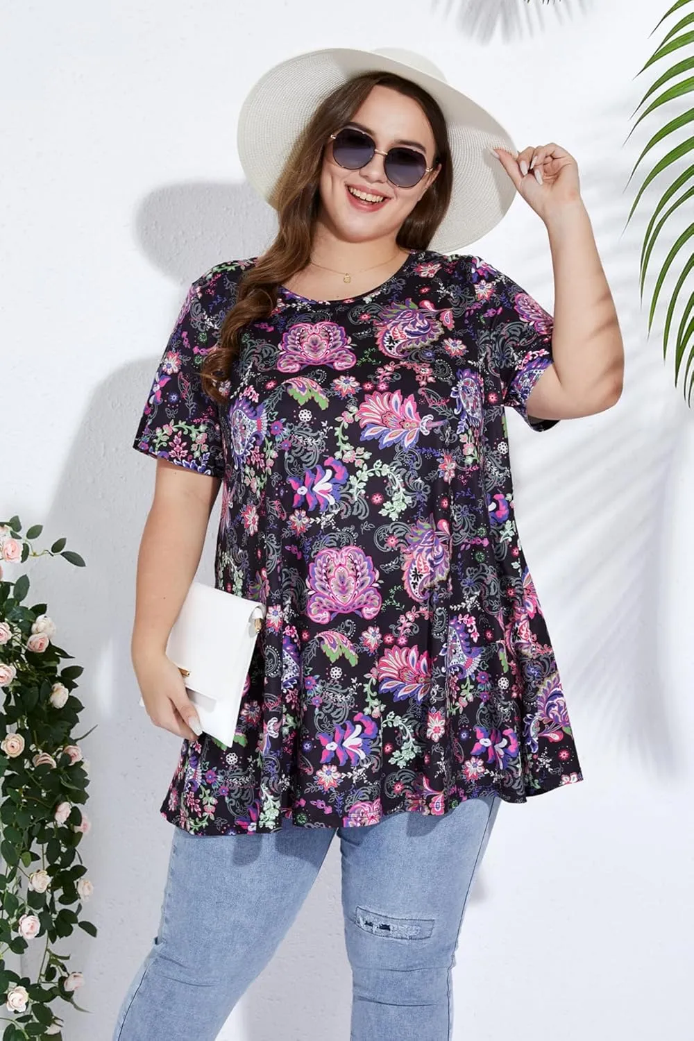 Women's Plus Size Tunic Top Short Sleeve Casual Summer Blouse Flowy Swing Flare Tops Loose Fit Shirt XL-6XL