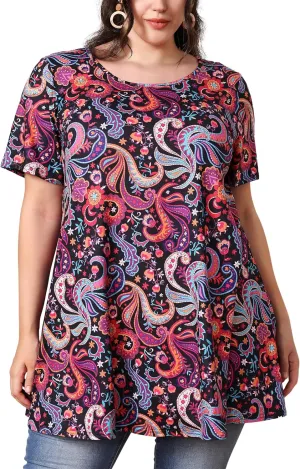 Women's Plus Size Tunic Top Short Sleeve Casual Summer Blouse Flowy Swing Flare Tops Loose Fit Shirt XL-6XL