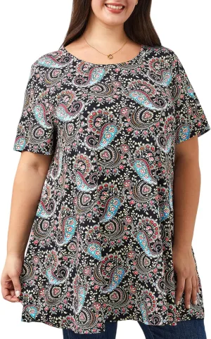 Women's Plus Size Tunic Top Short Sleeve Casual Summer Blouse Flowy Swing Flare Tops Loose Fit Shirt XL-6XL