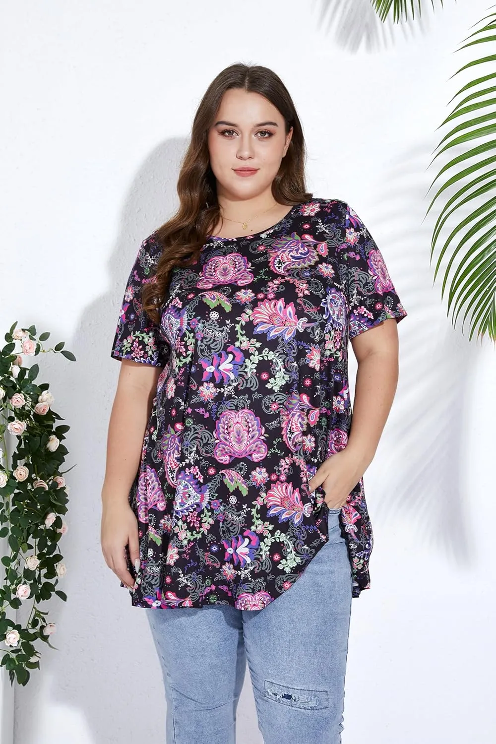 Women's Plus Size Tunic Top Short Sleeve Casual Summer Blouse Flowy Swing Flare Tops Loose Fit Shirt XL-6XL