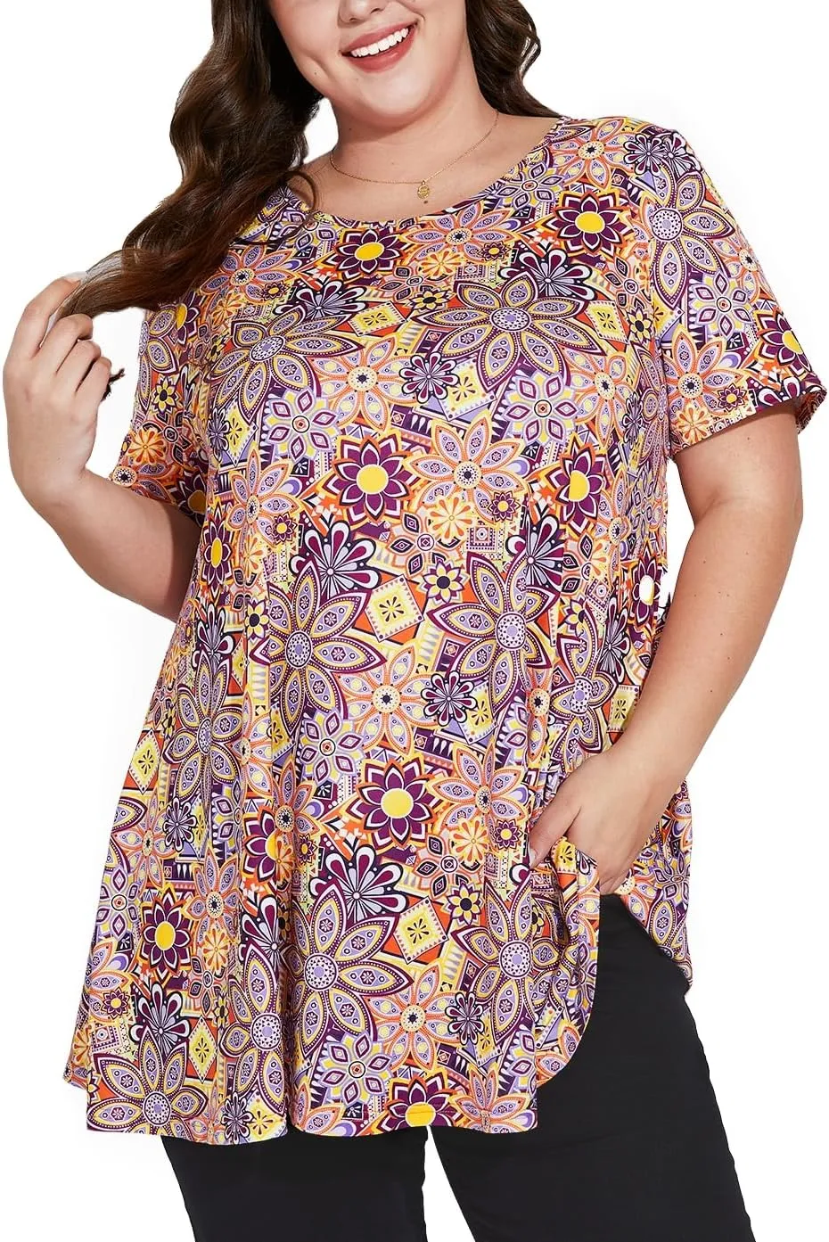 Women's Plus Size Tunic Top Short Sleeve Casual Summer Blouse Flowy Swing Flare Tops Loose Fit Shirt XL-6XL