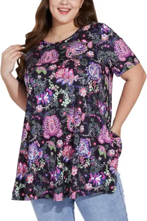 Women's Plus Size Tunic Top Short Sleeve Casual Summer Blouse Flowy Swing Flare Tops Loose Fit Shirt XL-6XL