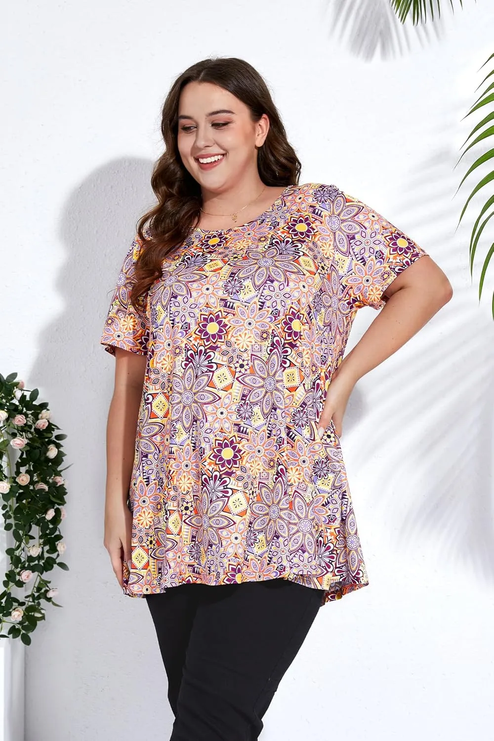 Women's Plus Size Tunic Top Short Sleeve Casual Summer Blouse Flowy Swing Flare Tops Loose Fit Shirt XL-6XL