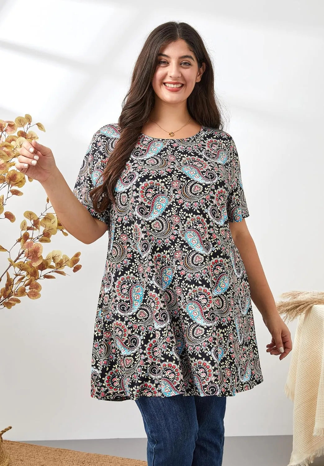 Women's Plus Size Tunic Top Short Sleeve Casual Summer Blouse Flowy Swing Flare Tops Loose Fit Shirt XL-6XL