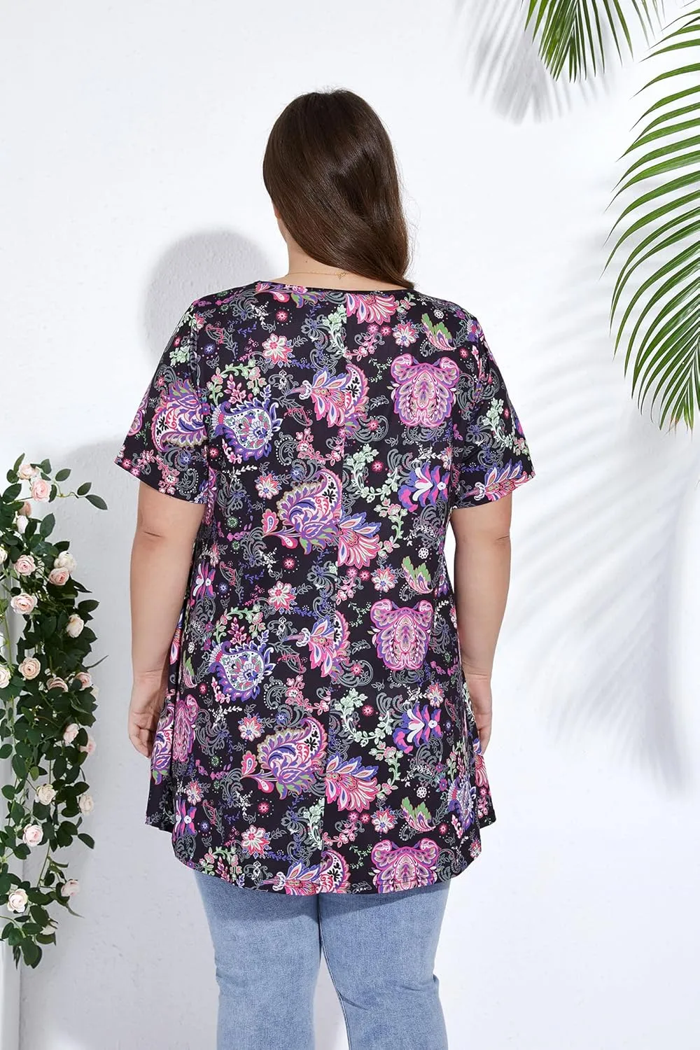 Women's Plus Size Tunic Top Short Sleeve Casual Summer Blouse Flowy Swing Flare Tops Loose Fit Shirt XL-6XL