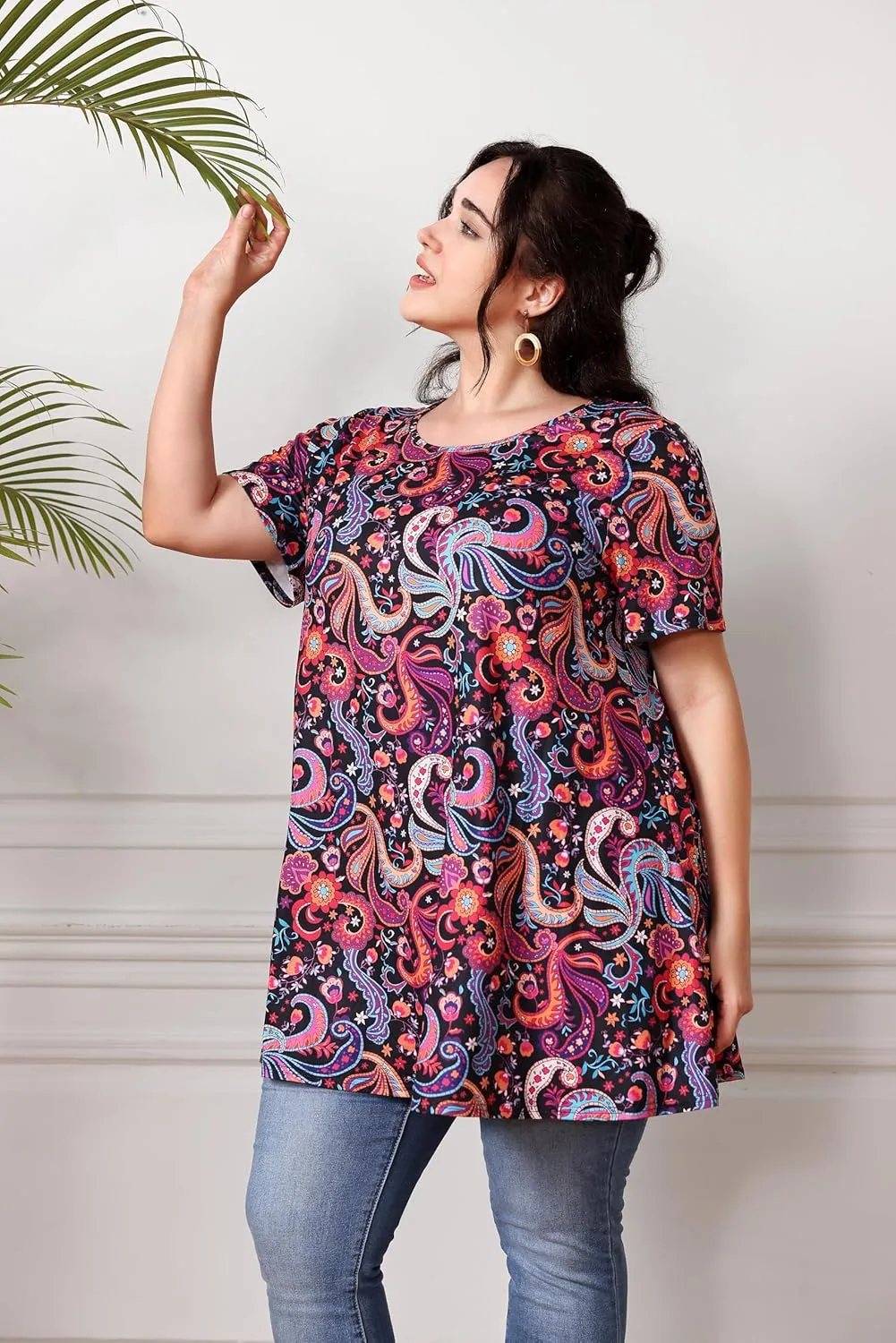 Women's Plus Size Tunic Top Short Sleeve Casual Summer Blouse Flowy Swing Flare Tops Loose Fit Shirt XL-6XL