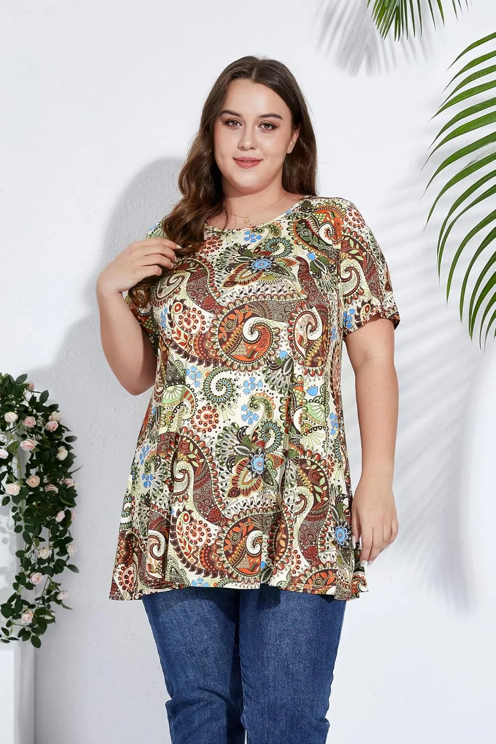 Women's Plus Size Tunic Top Short Sleeve Casual Summer Blouse Flowy Swing Flare Tops Loose Fit Shirt XL-6XL